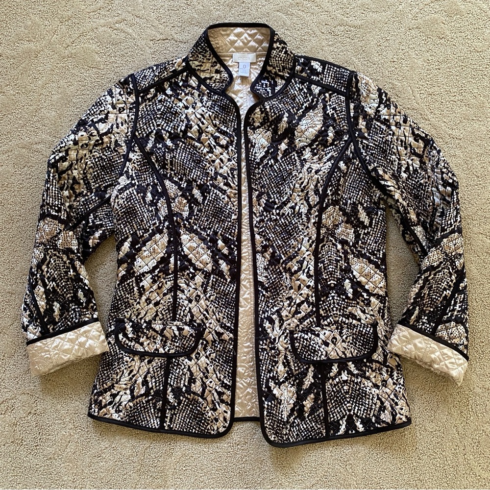 Chicos Metallic Gold Black Satin Quilted Open Blazer Jacket Size Small Snakeskin